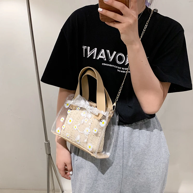 

Сумка-мессенджер Женская на цепочке, модный прозрачный кружевной соломенный саквояж на плечо с ромашками и цветами, Пляжная соломенная сум...