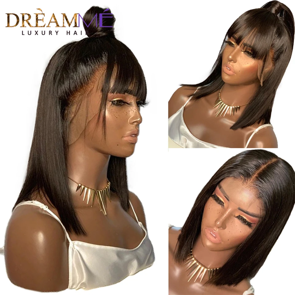 

Short Bob Lace Frontal Wig Human Hair With Bangs 150% Density Straight Bob Wig Lace Front Human Hair 13X4 Deep Part Pre Plucked