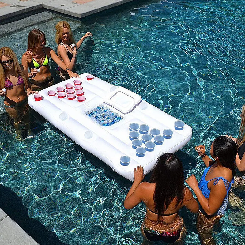 Summer Party Inflatable Beer Pong Table 28 Cup Holder Floating Pong Table with Cool Beer Storage for Beach Pool