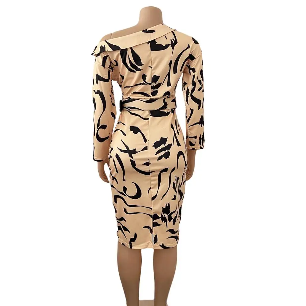 

Women Plus Size Off-Shoulder Printed Belt Dress Office Ladies Elegant Long-Sleeved High-Waist Dress Autumn Women's Clothing