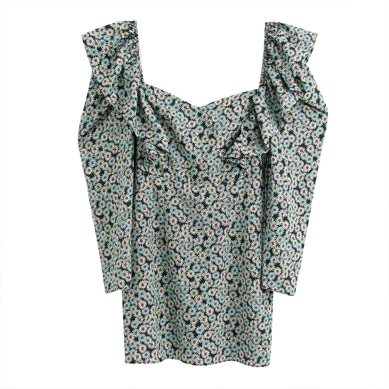 

Women Ruffles Three quarter sleeve Mini dress Vintage Square collar Floral print Girls dress Holiday vestidos Chic YNZZU YD369
