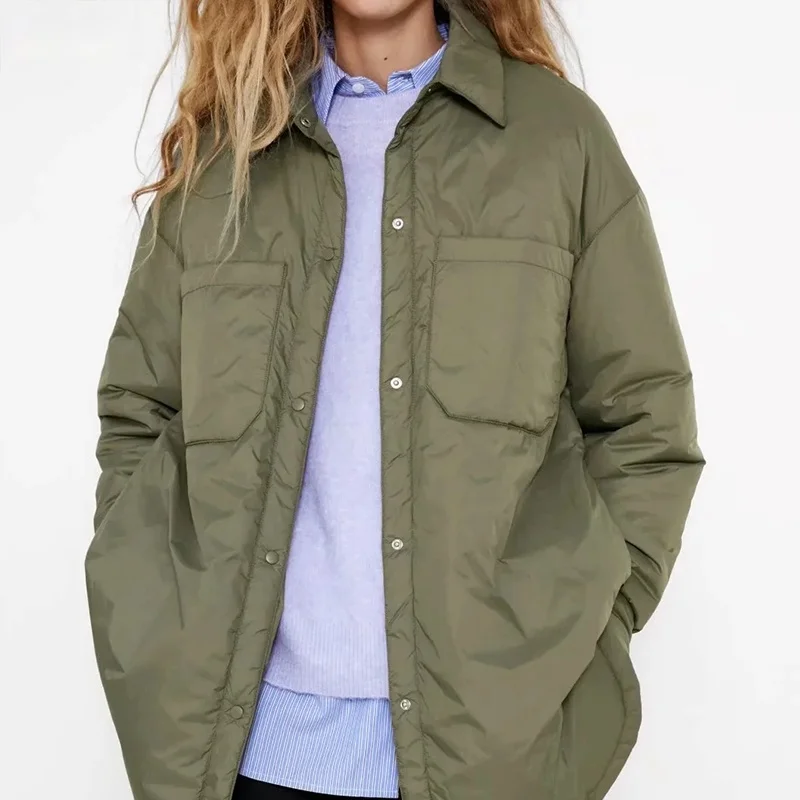

2021 Women's Shirts Jackets Thin Parka Oversize Shirt Coats Femme Armygreen Outerwear Coats Bf Long Sleeve Khaki Coat trf
