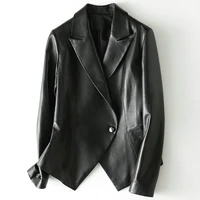 casual real sheepskin black sheath women coat classic high quality single button genuine leather simple turn down collar jacket
