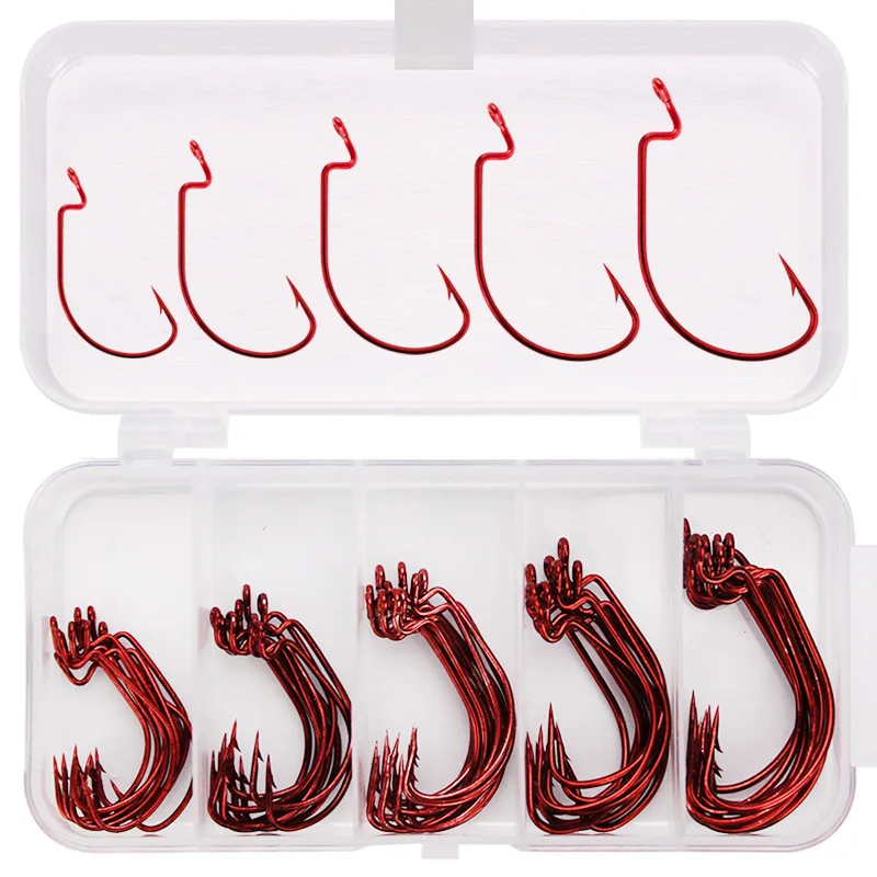 

51pcs red nickel crank hook Texas fishing group high carbon steel fish hook fishing hooks circle 1/0 2/0 3/0 tackle accessories