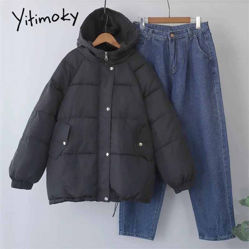 

Женская куртка с капюшоном Yitimoky, черная или пуховая парка большого размера, бежевого цвета, Осень-зима 2021