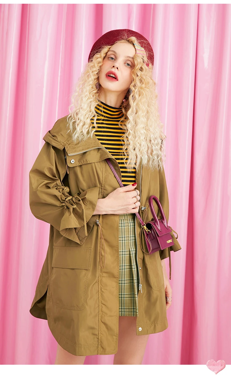 ELFSACK New Women Trench Coats,Fashion Casual Turn-down Collar Hooded Female Trench Coat Autumn Streetwear Clothing