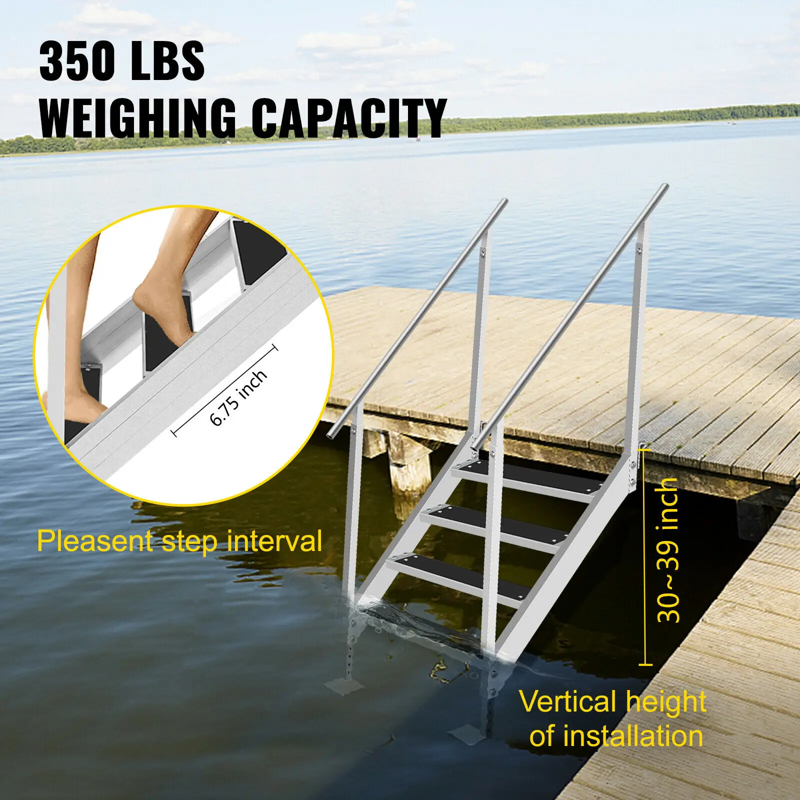 VEVOR-escalera de aluminio con escalones ajustables y antideslizantes para barco, muelle de abordaje, piscina, Pont&oacute;n, 350 libras, 4/6 escalones-2