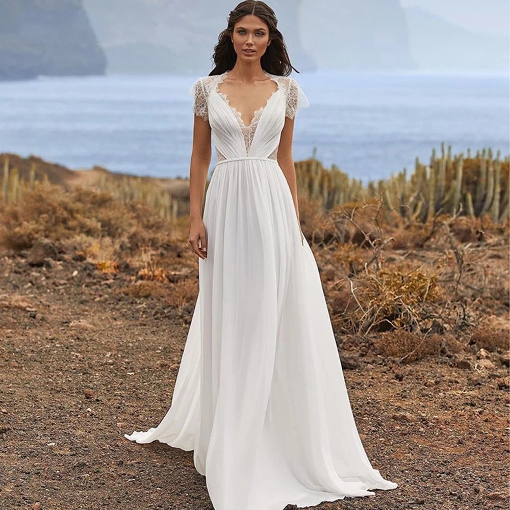 

Простое белое свадебное платье с V-образным вырезом, а-силуэт, короткий рукав, кружевная спина, бохо, мягкая модель 2021 года, Vestido De Noiva