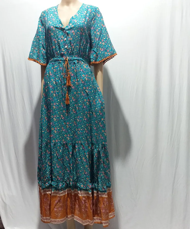 

Boho Maxi Dress Women Retro Floral Print Short Sleeve V neck High waist Dresses Female Summer Beach Long Dress Ladies Vestidos