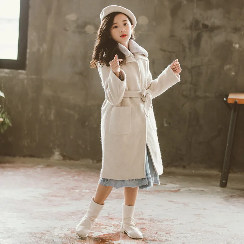 

Girls' Woolen Coat Winter 2020 Korean Zhong Da Tong Long Woolen Coat Polo Collar Solid Color Parent- Child