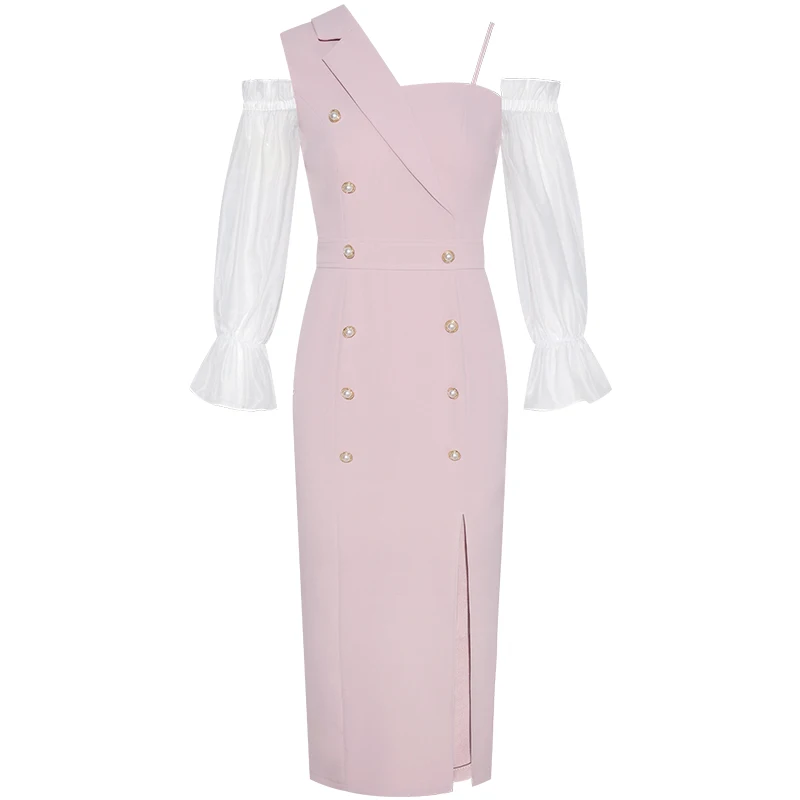 YIGELILA осеннее винтажное платье, розовое платье с длинными рукавами и воротником на пуговицах, лоскутное платье с расклешенными рукавами, платье до середины икры, 65186 - Цвет: pink