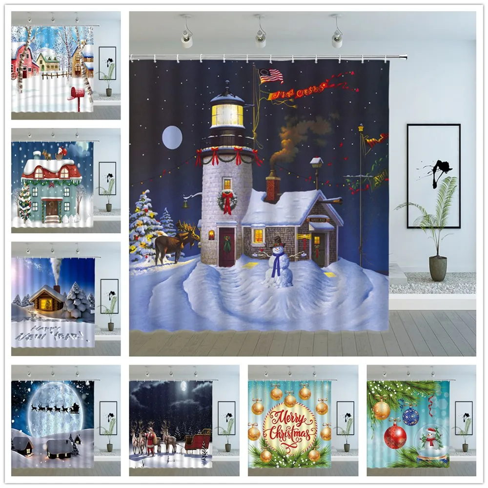 

Christmas Shower Curtains Winter Snow Scenery House Snowman Pine Branches Color Ball New Year Xmas Themed Bathroom Cloth Curtain