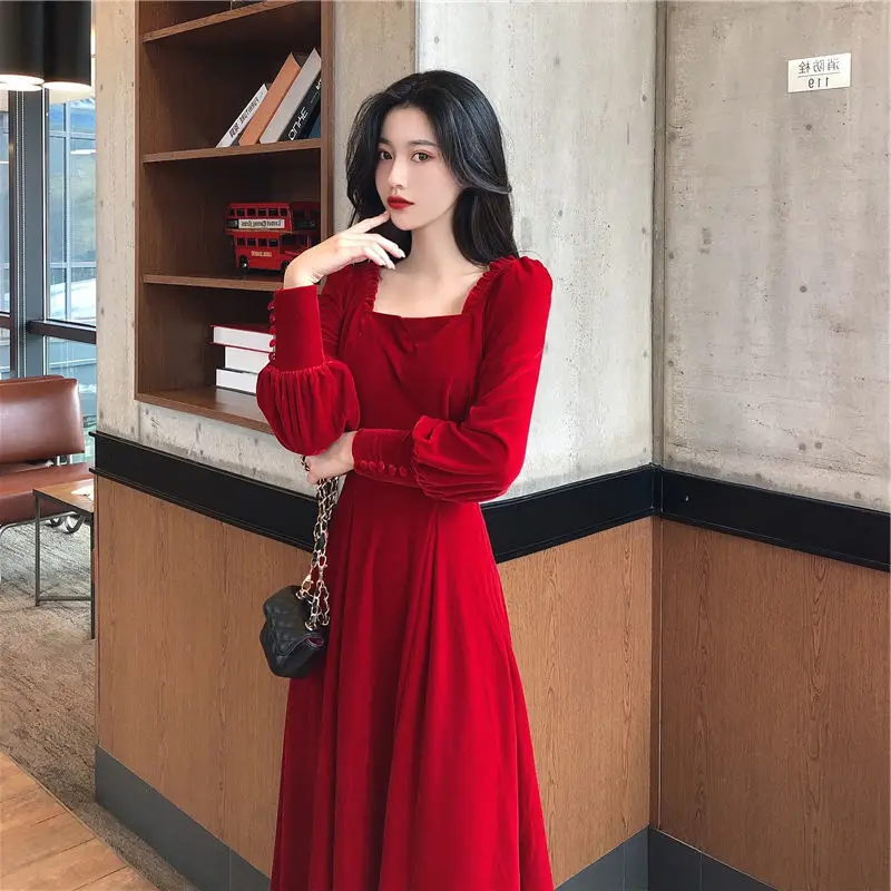 

Velvet Dresses Women Spring Plus Size Casual Loose Long Sleeve Solid Color Square Neck Midi Vestidos Red And Black