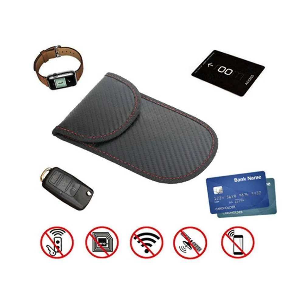 

2pcs Car Key Case Cage Fob Carbon Fiber Design Double Pocket Keyless Pouch Signal Blocker