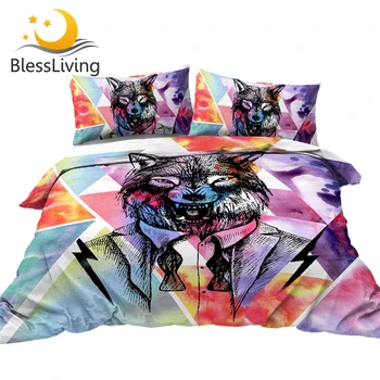 BlessLiving Wolf Bedding Set Watercolor Duvet Cover Hipster Animal Fashion Bed Set 3 Pieces Geometric Colorful Bedclothes Queen 1
