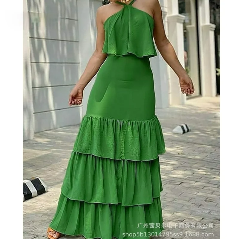 

2021 summer new fashion A-line high waist slim green halter neck ruffled long party dress