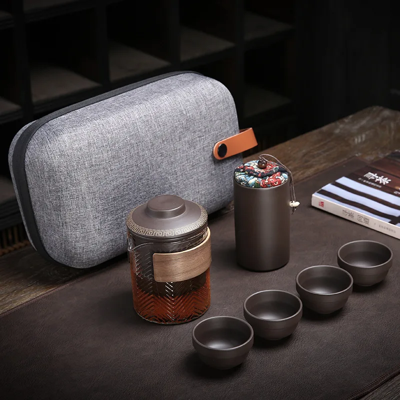 

Purple Sand Tea Cups Ceramic Portable Teapot Set Outdoor Travel Gaiwan Tea Cups of Tea Ceremony Teacup Fine Gift Kung Fu Tea Set