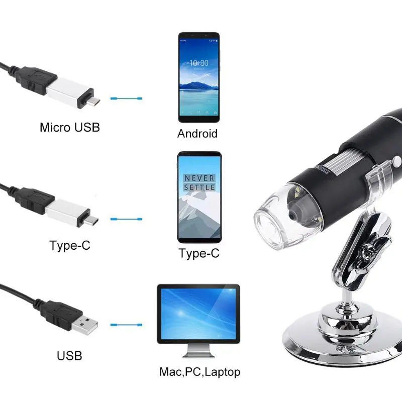 3 In 1 Digital USB Microscope 1600X Portable 2 Adapters Support OSX Windows PC Type-C Micro Phone Magnifier With 8 LED | Инструменты