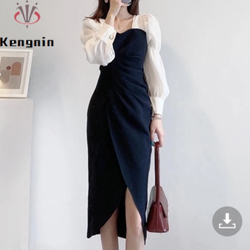 

New Loose Oversize 4XL Women Dresses Long Sleeve Ladies Vestidos Patchwork Robe French Style Asymmetrical Black Dress KE50