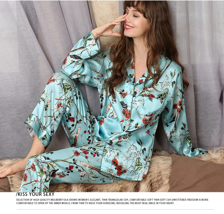Top Grade Women 100% Silk Pajamas Long Sleeve Suit Rich Woman Real Mulberry Silk Sleepwear Set Floral Nightwear