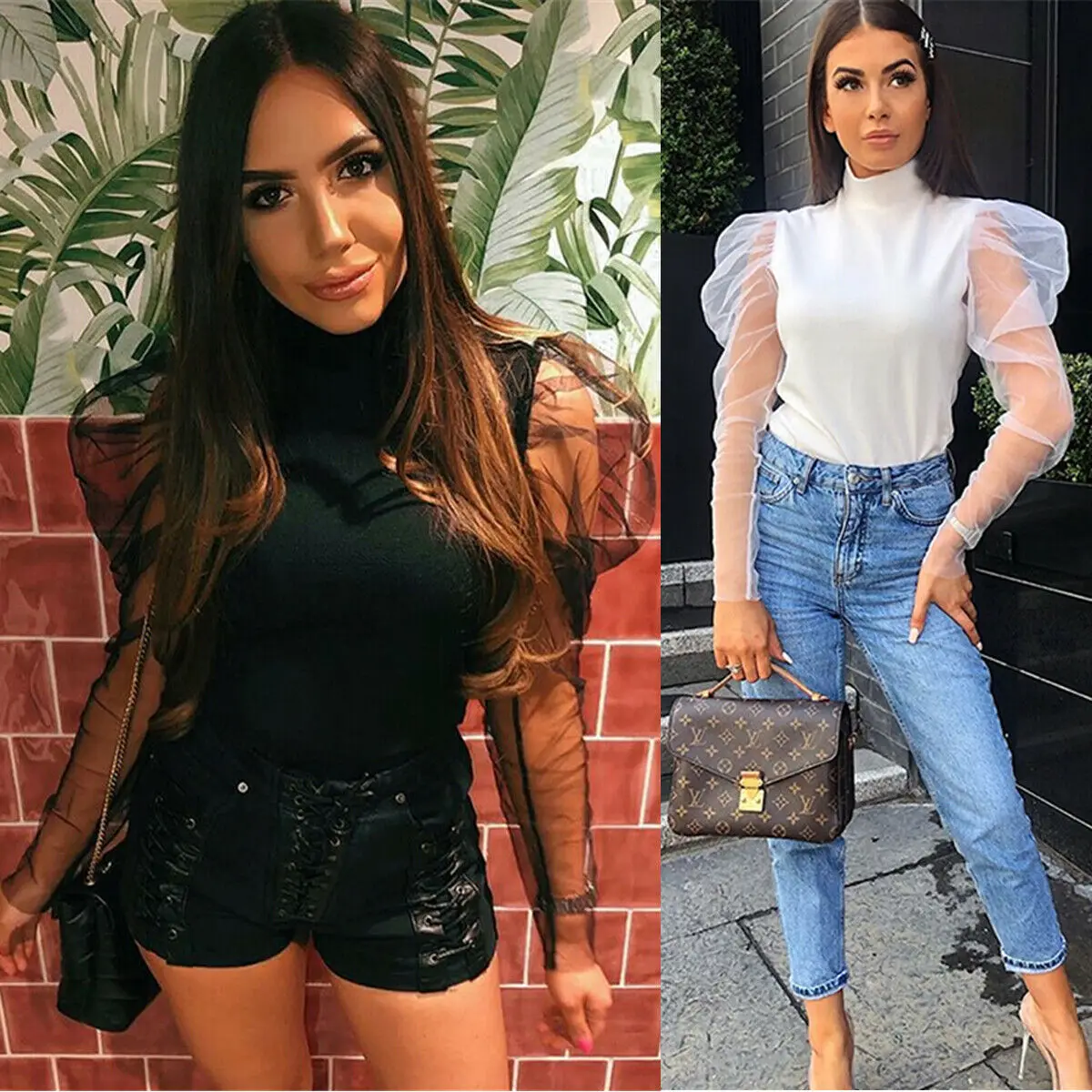 

Mesh Sheer Blouse Women Sexy Puff Long Sleeve See Through Turtle Neck Tee Shirt Tops Ladies Shirts Black White