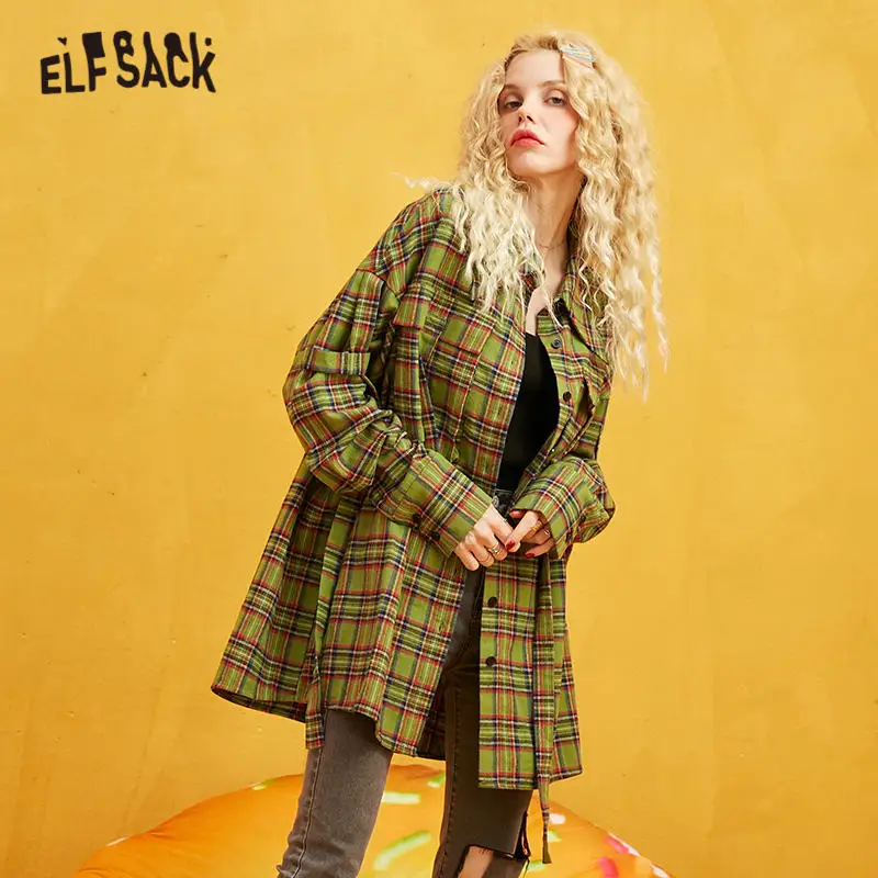 ELFSACK, Клетчатая блуза с графикой на спине, женская рубашка, осень, однобортная, с заниженным плечом, на шнуровке, с рукавом, женские топы