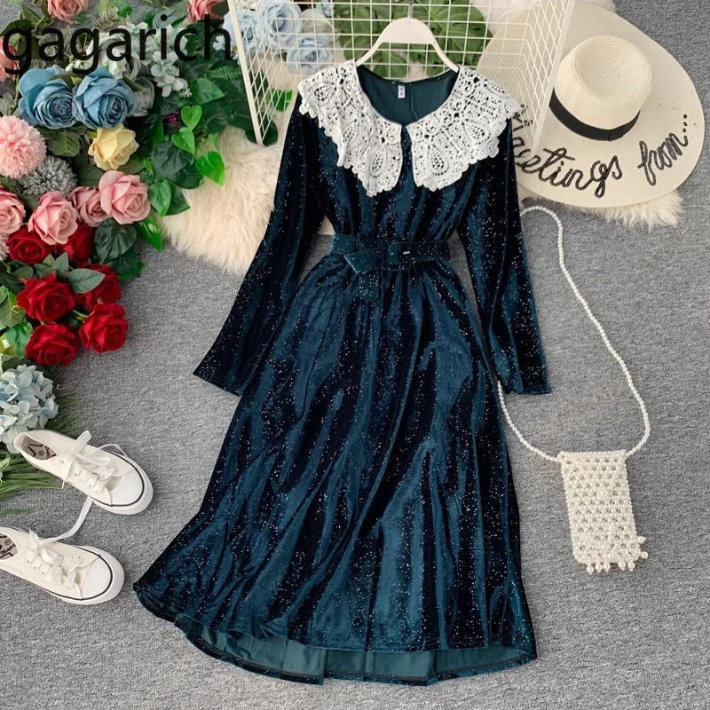 Gagarich женское платье Ретро стиль золотой бархат длинный рукав пояс талия