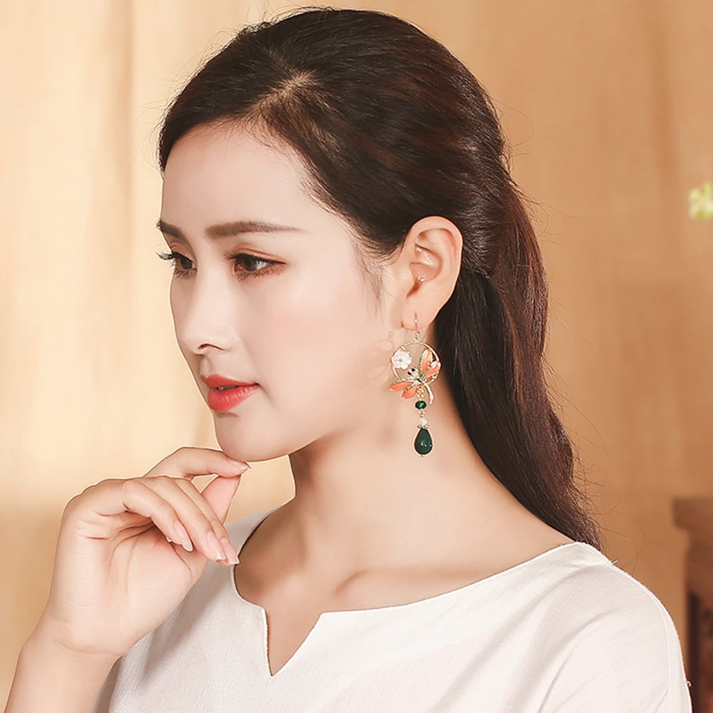 Оранжевые сплав стрекоза зеленый раздел J ade этнические висячие серьги кристалл