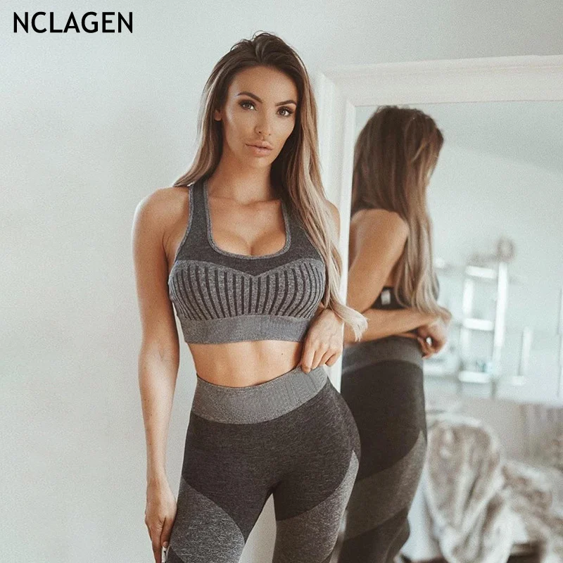 NCLAGEN женский летний бесшовный костюм спортивные Леггинсы и топ комплект для йоги