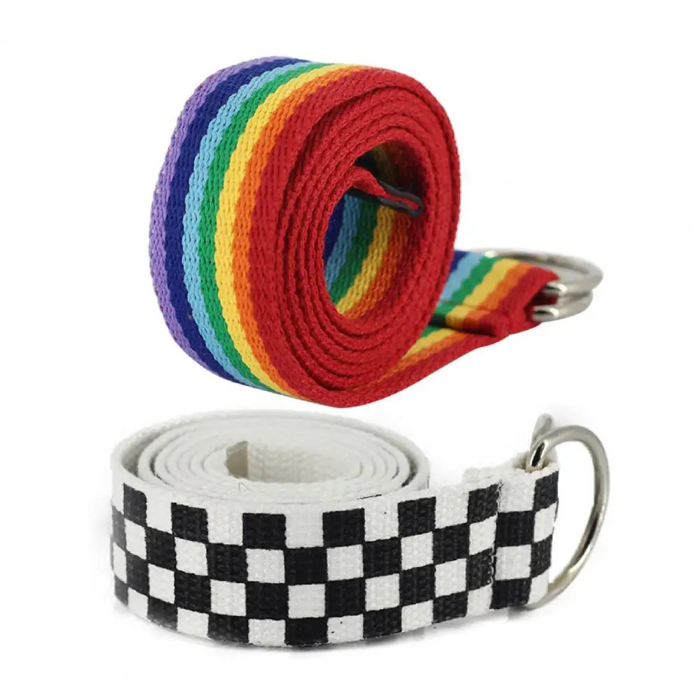 

Belt with Ring Buckle Soft Canvas Plaid Rainbow Pattern Belt for Wedding