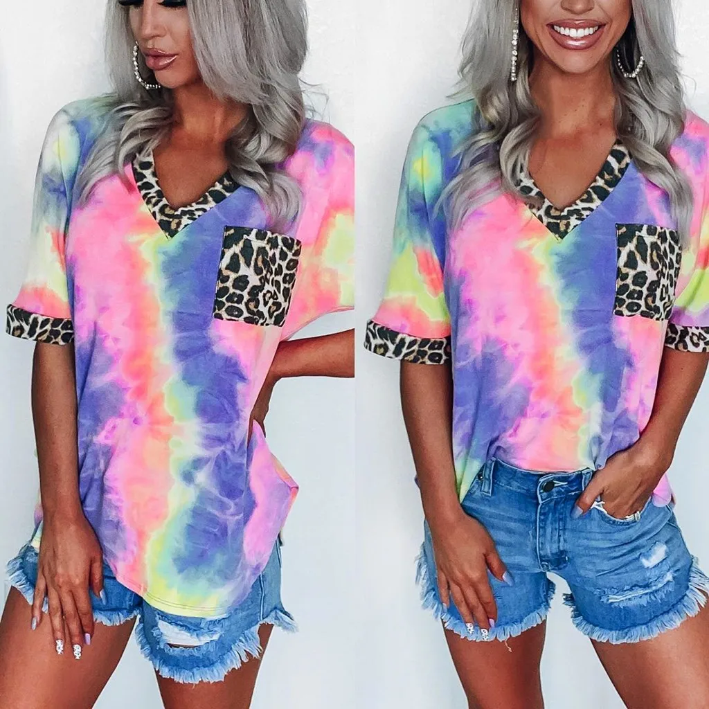 Женская футболка с леопардовым принтом V образным вырезом и коротким