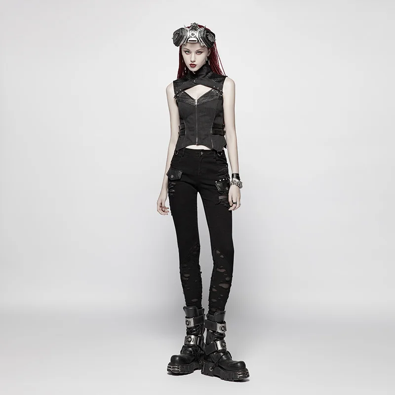 Punk Women Trousers Black Long Pants Holes Patchwork Pencil Pants Fashion Women Clothes