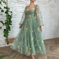 thinyfull green prom dresses 2021 summer puff sleeve tulle tea length a line party dress sexy appliques wedding evening gowns