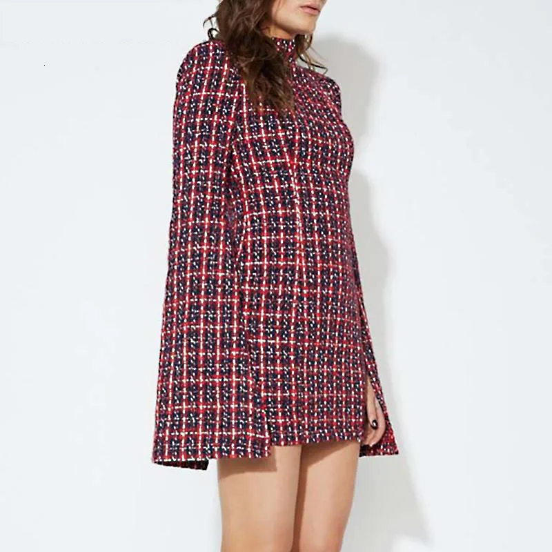

Vintage Turtleneck Plaid Tweed Women Winter Sexy Mini Bodycon Dress Elegant Red Office Ladies 2020 Party Vestidos