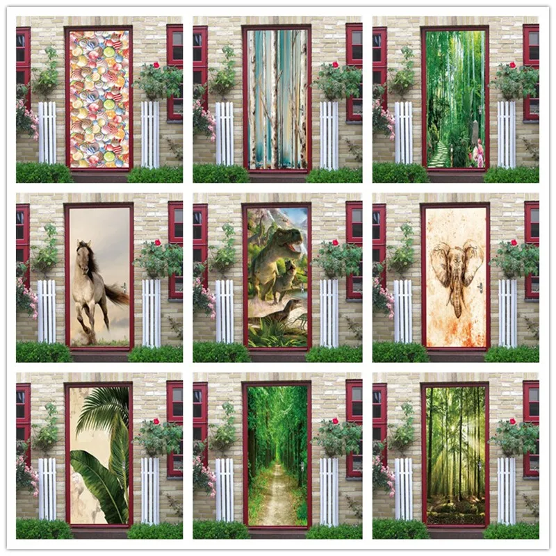 

Print Art Picture 3D Door Sticker DIY Animal Green Plant Wallpaper Home Decor Decals Self Adhesive Waterproof Mural For Bedroom