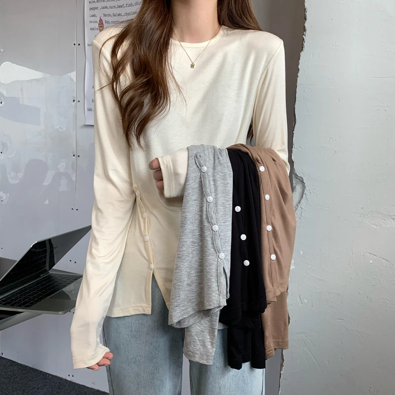 

Summer New Women's T-shirts O Collar Long Sleeve Tops Solid Color Slim Knitting Cardigan Comfortable Casual Fashion Clothing