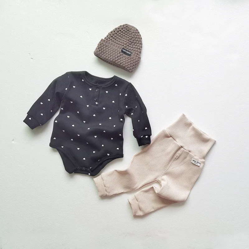 

2020 Autumn And Winter Baby Love Print Suit Boys Girls Long Sleeve Baby Bodysuit + Enfant Solid Knitted Pants Clothing Set
