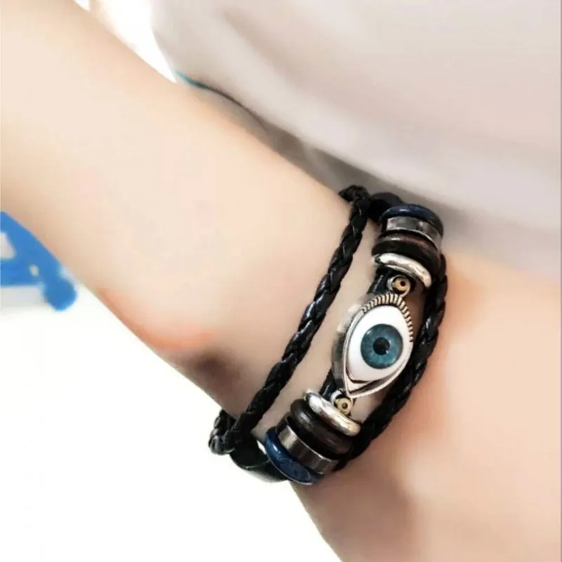 

2021 New Punk Design Turkish Evil Eye Bracelets Wristband Female PU Leather Bracelet Ethnic Vintage Jewelry For Women Men Bijout