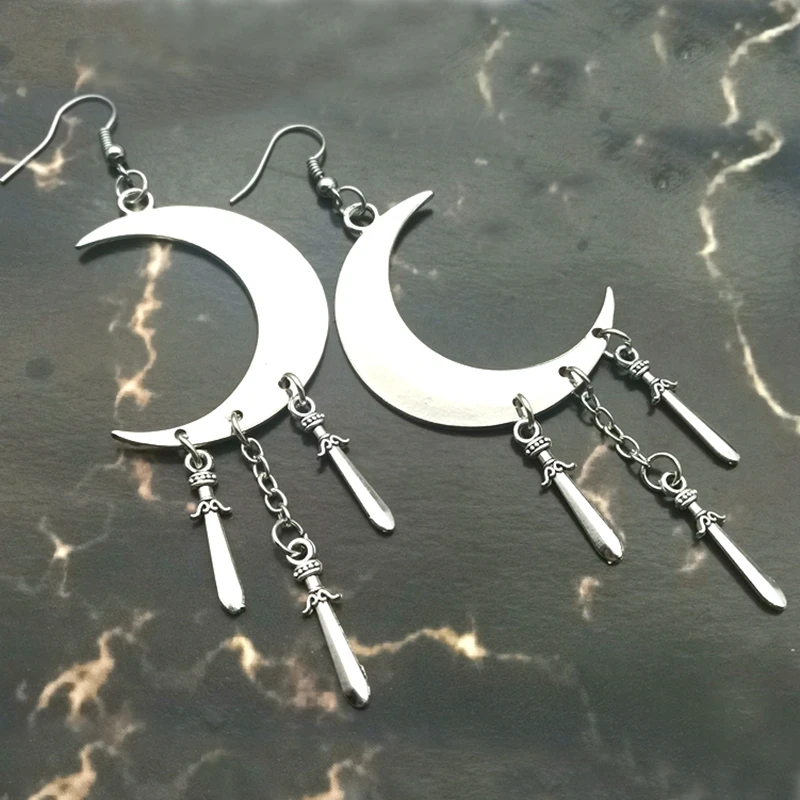 

Dagger - Earrings - Crescent Moon - Sword - Long - Goth - Gothic - Witchy - Celestial - Jewelry - Silver plated- Moon