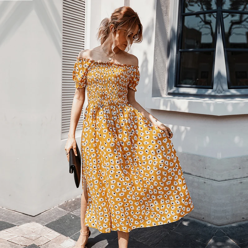 

2021 New Summer Women's Off The Shoulder Dress Elegant Slash Neck High Waist Floral Print Mid-calf Dress Lady