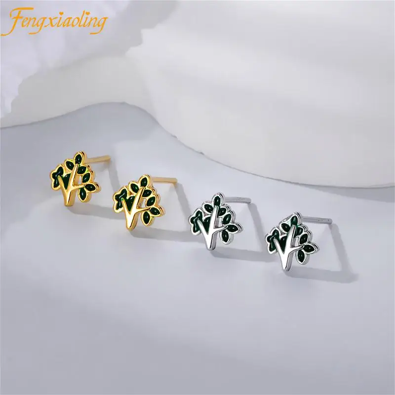 

Fengxiaoling 925 Sterling Silver Green Drip Glaze Small Tree Stud Earrings For Women Simple Fashion Student Fine Jewelry 2021
