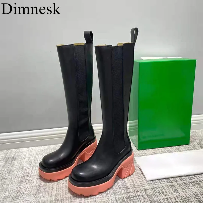 

2021 Colorful Chunky High Heel Chelsea Boots Women Thick Sole Real Leather Knee High Boots Autumn Winter Runway Shoes Female