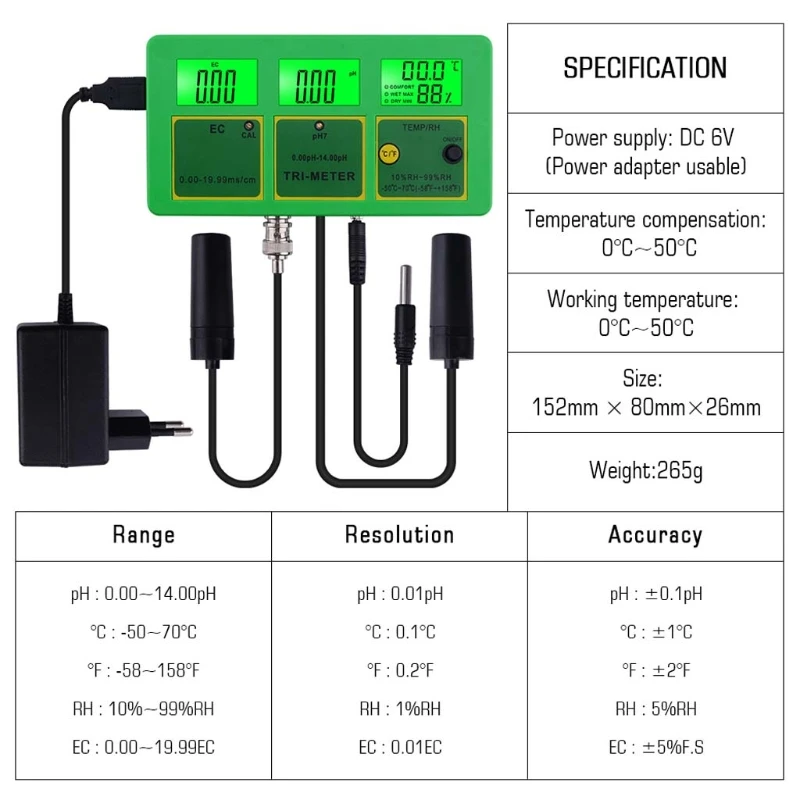 

4 in 1 PH TEMP EC RH Water Quality Tester Monitor PH Meter Multi-parameter Water Meter for Pools Drinking Water Aquariums