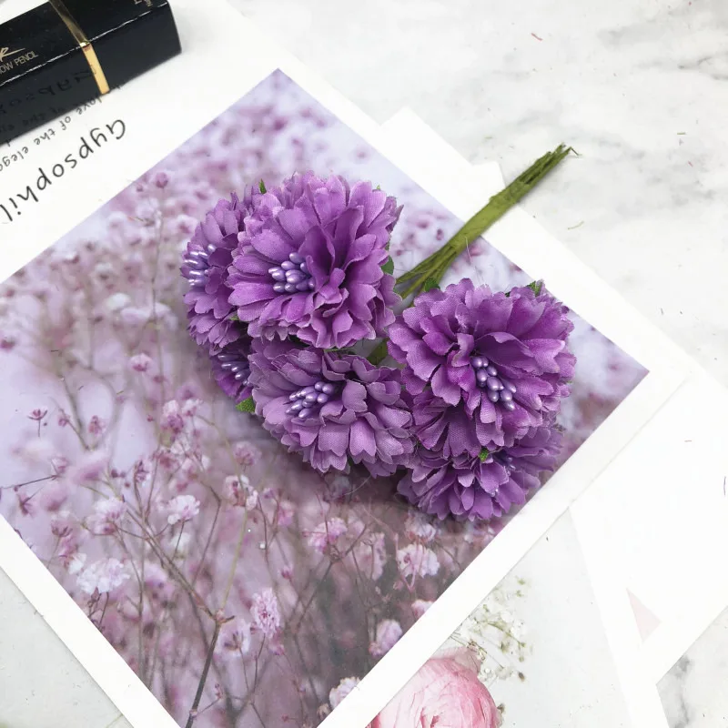 purple HINDJEF 6 шт./4 см искусственная мини бутоньерка с тычинками Свадебные украшения дома DIY ВЕНОК подарок boxcollage Украшение Моделирование цветок - Цвет: purple