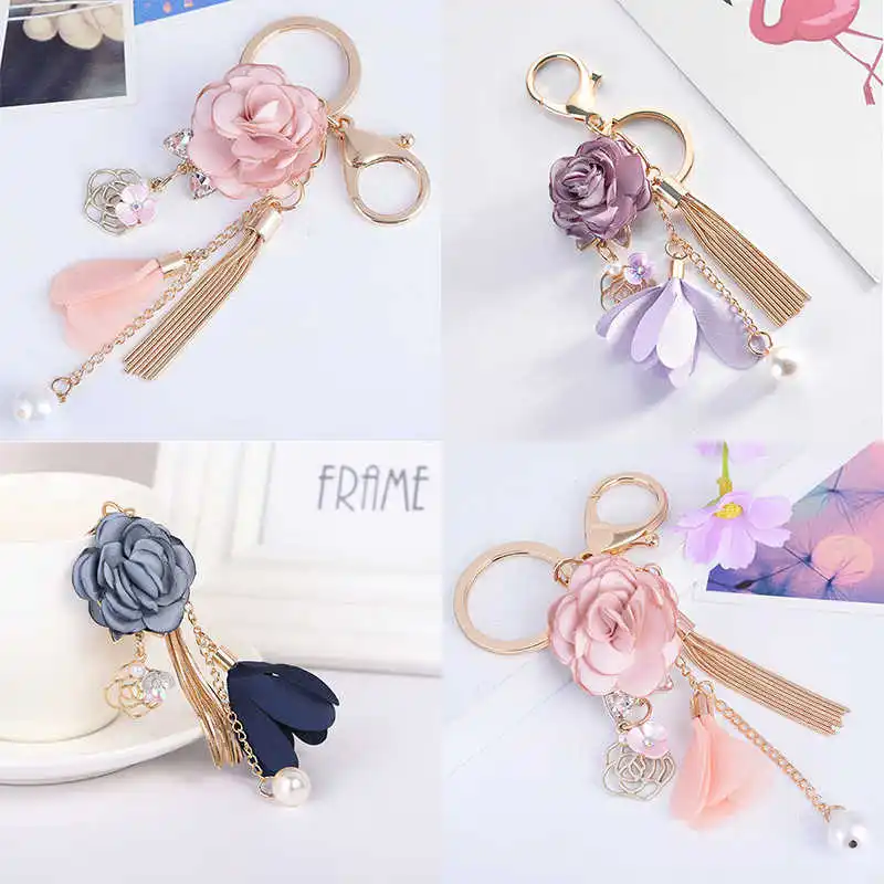 

Key Ring Chain Keychain Rose Flower Pendant Bow Tassel Bag Charm Crystal Jewelry