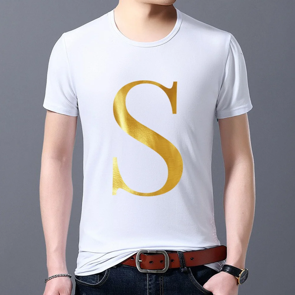 

Simple and Fashionable T-shirt Men's Casual English S Letter Gold Hot Stamping Basic Top Slim O-neck Commuter Soft Short Sleeves