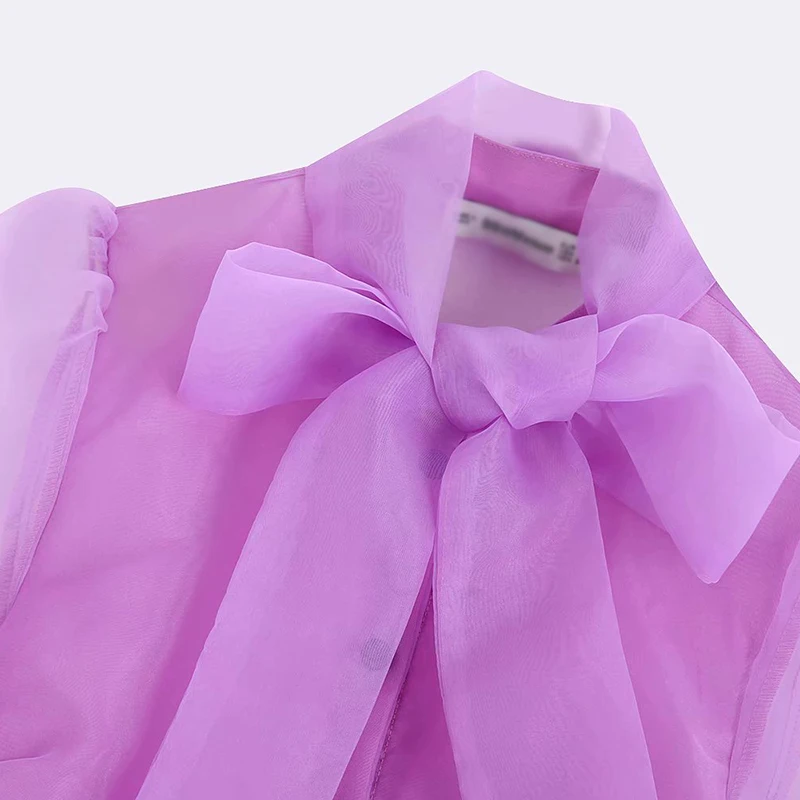 Женский шикарный однотонный фиолетовый бантик воротник блузка органза