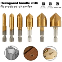 6pcs drill bit hexagonal shank titanium coated 5 flutes hss countersink chamfer 14 coated woodworking core dril bit power tool