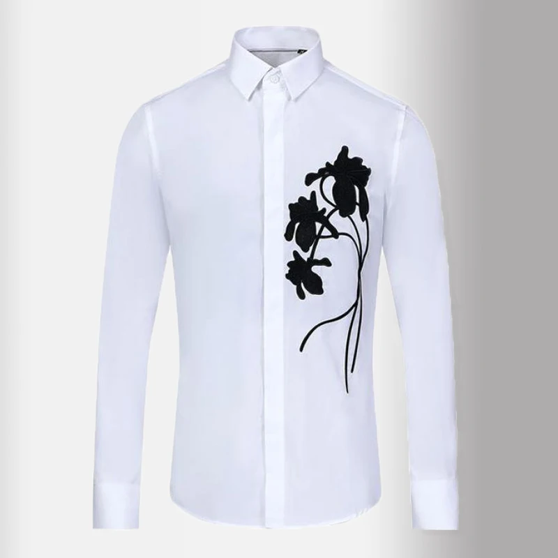 

New Mens Shirts Luxury Long Sleeve Rose Embroidery Casual Male Shirts Fashion Slim Fit Party Club Man Shirts