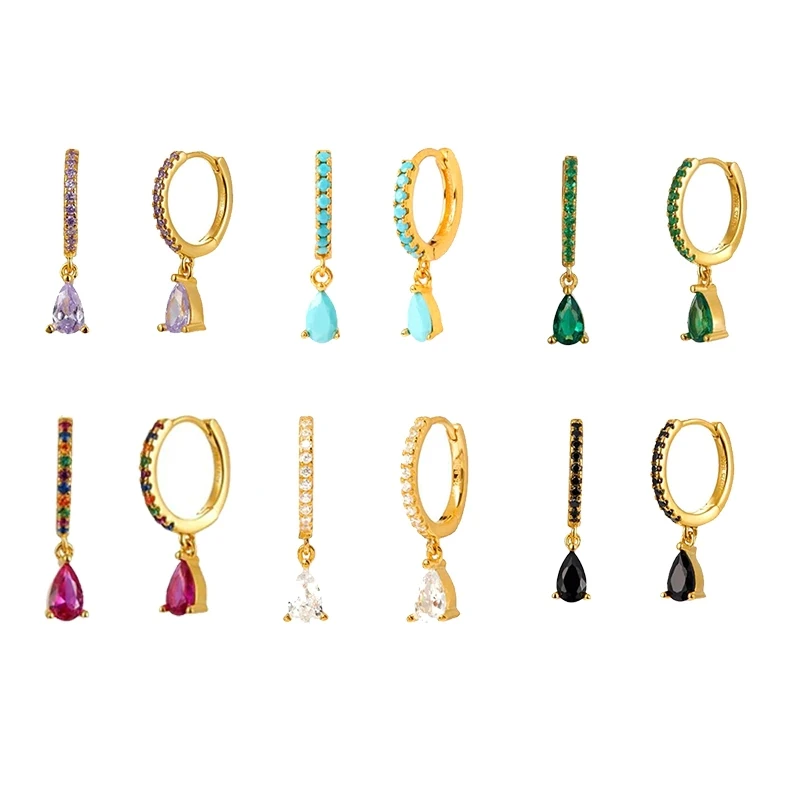 

New 925 Sterling Silver Huggie Hoop Earrings For women Rainbow Black Crystal Zircon Water Drop Hanging Prevent Allergy Jewelry